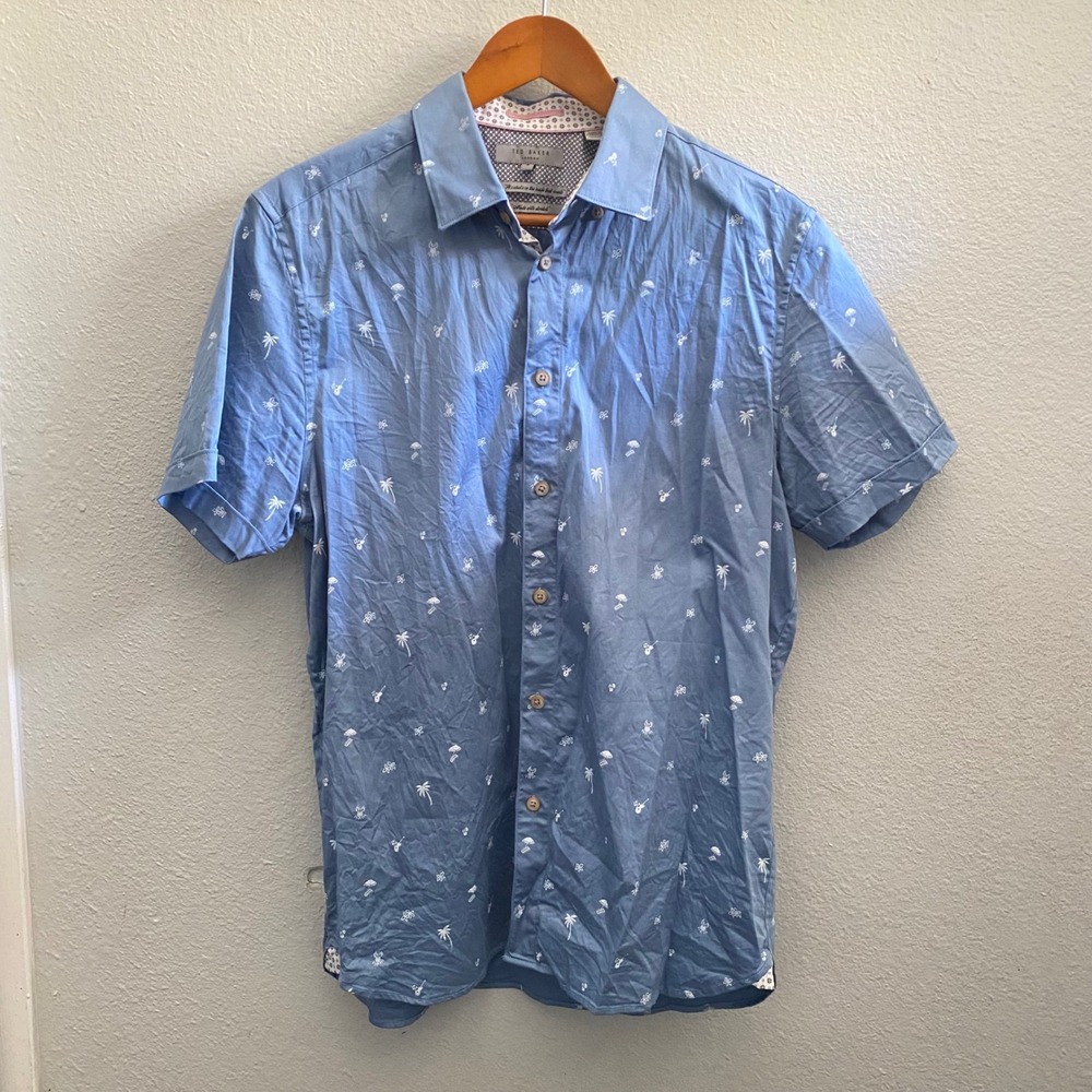 Ted Baker London Mens Blue Tropical Palm Tree Print Short Sleeve Button Down 4 L